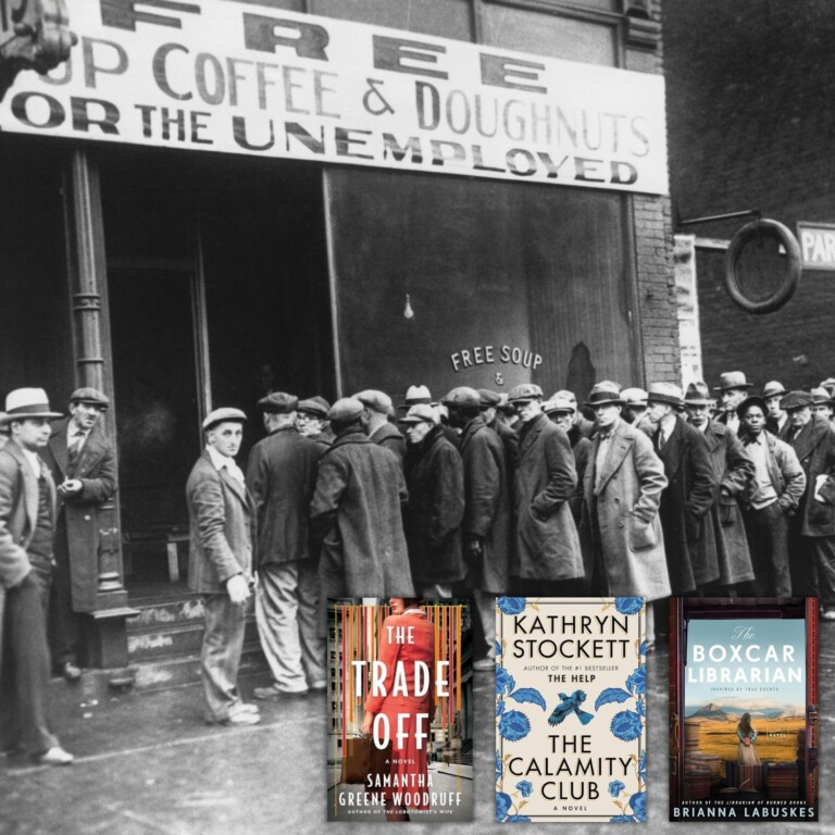 Coffee & Doughnut unemployment line photo from Depression with 3 book covers