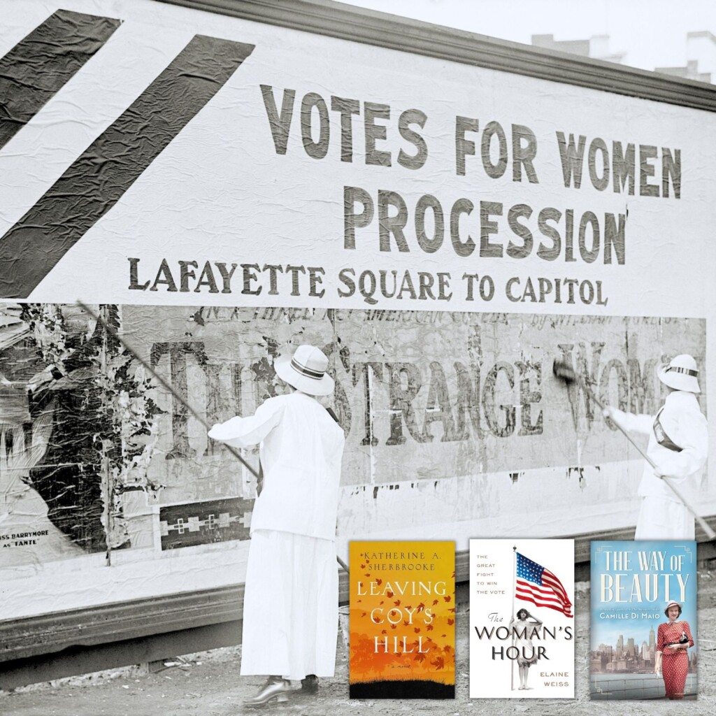 Women painting a Votes for Women's Suffrage sign with book covers