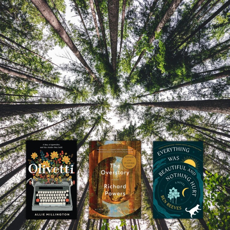 View of tall trees from below with 3 book covers