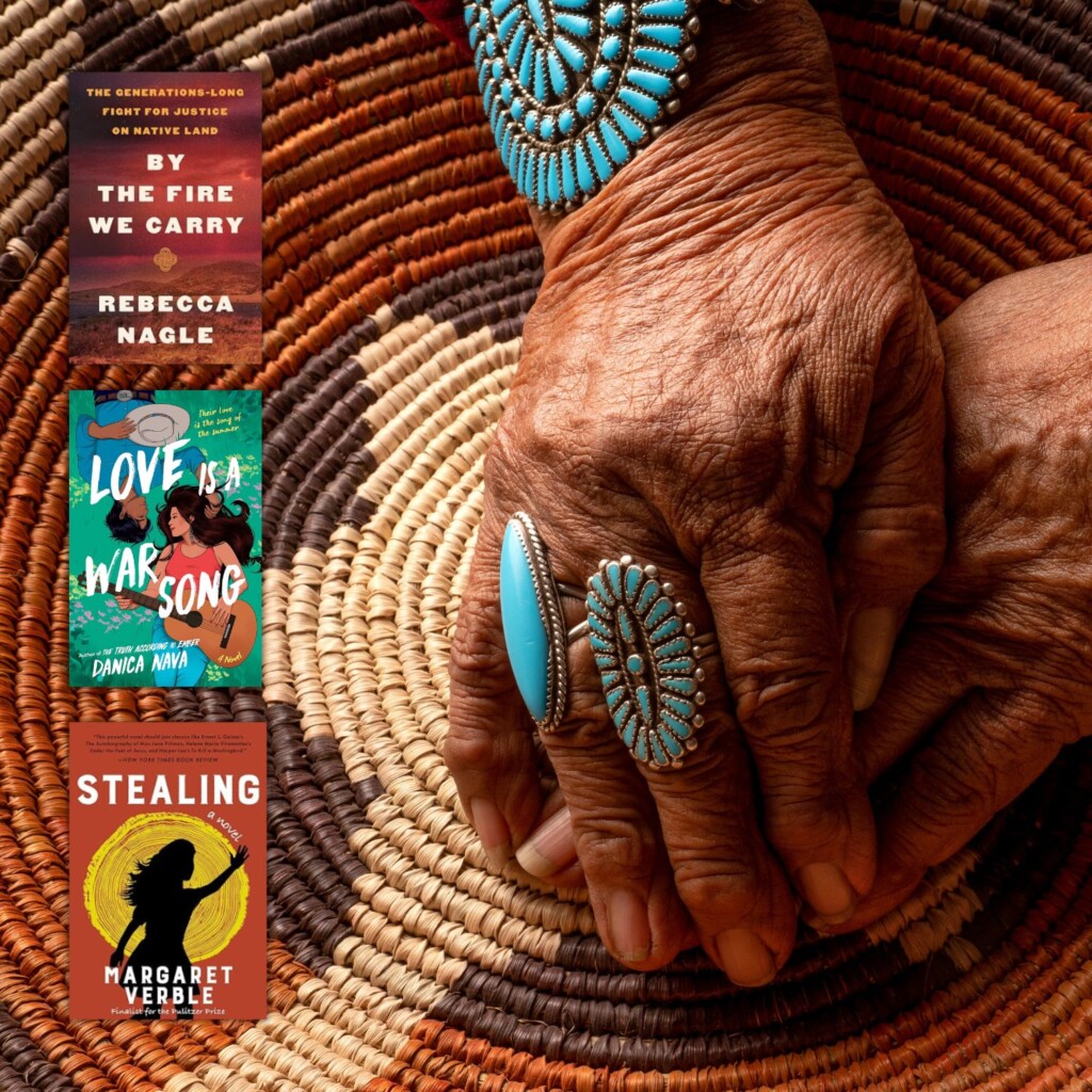 A Native American woven basket with woman's hands and turquoise jewelry with three books by Native American authors
