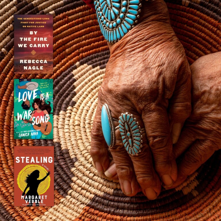 A Native American woven basket with woman's hands and turquoise jewerly
