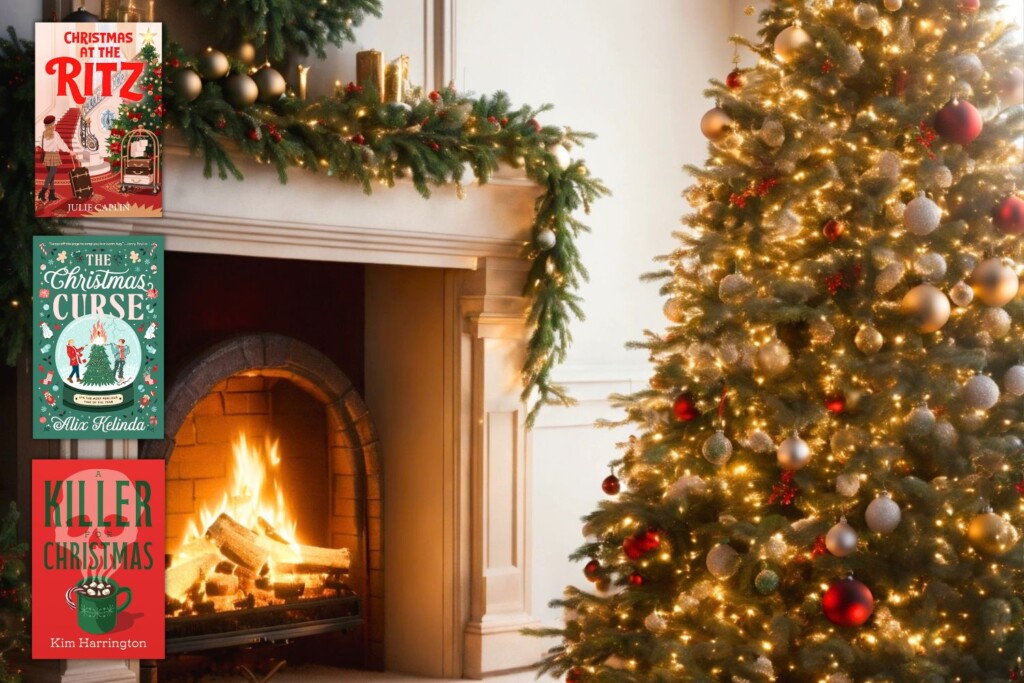 Christmas tree, decorated fireplace and 3 2026 Christmas books