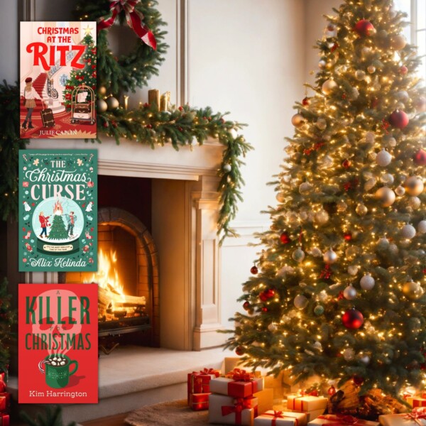 Christmas tree, decorated fireplace and 3 2026 Christmas books