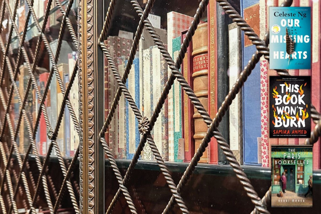 Vintage books behind X shapped doors with three books about banned books overlaid