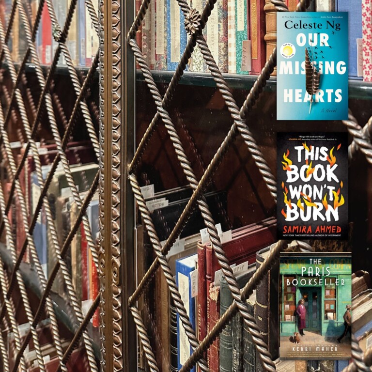 Vintage books behind X shapped doors with three books about banned books overlaid