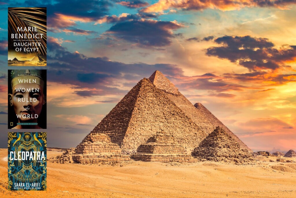 Photo of Egyptian Pyramids against a blue and orange sunset and overlaid with three covers of books set in Egypt