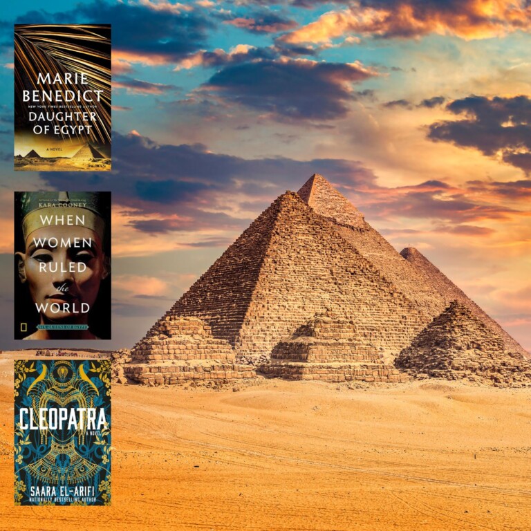 Photo of Egyptian Pyramids against a blue and orange sunset and overlaid with three covers of books set in Egypt