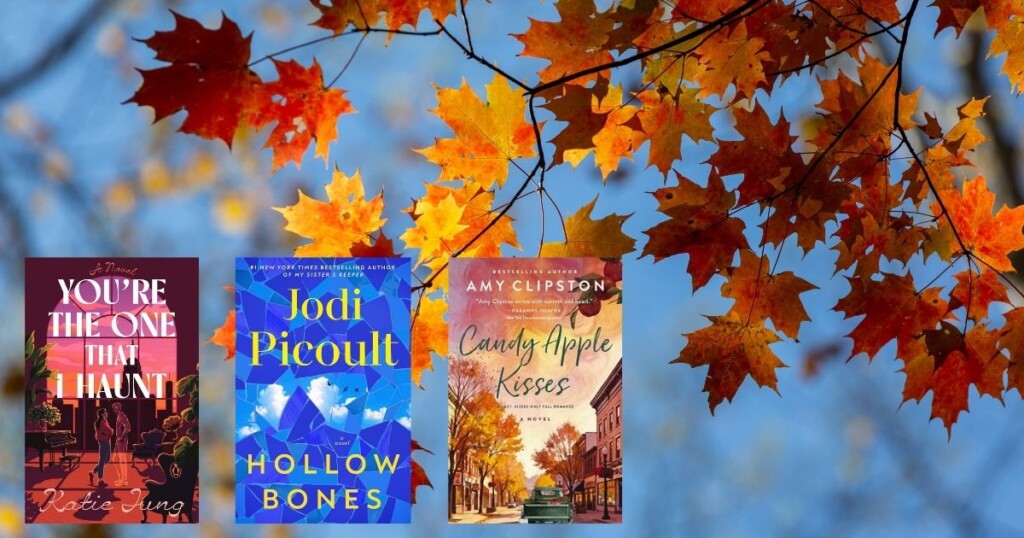 Three new release books for fall 2026 reading over fall leaves & blue sky