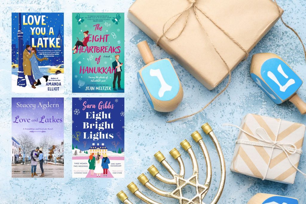 A flatlay with a menorah, dreidl, and wrapped packages and the book covers of four Hanukkah themed romance novels