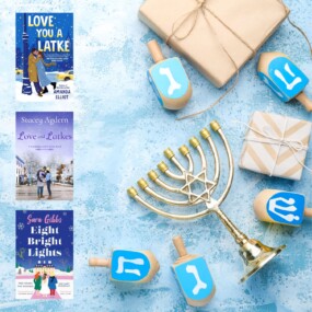 A flatlay with a menorah, dreidl, and wrapped packages and the book covers of four Hanukkah themed romance novels