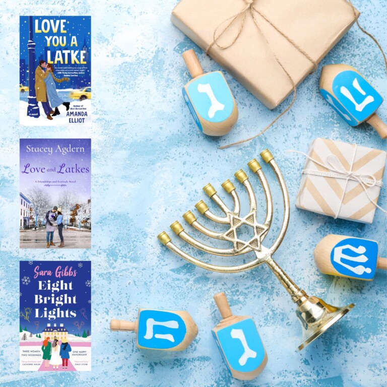 A flatlay with a menorah, dreidl, and wrapped packages and the book covers of four Hanukkah themed romance novels