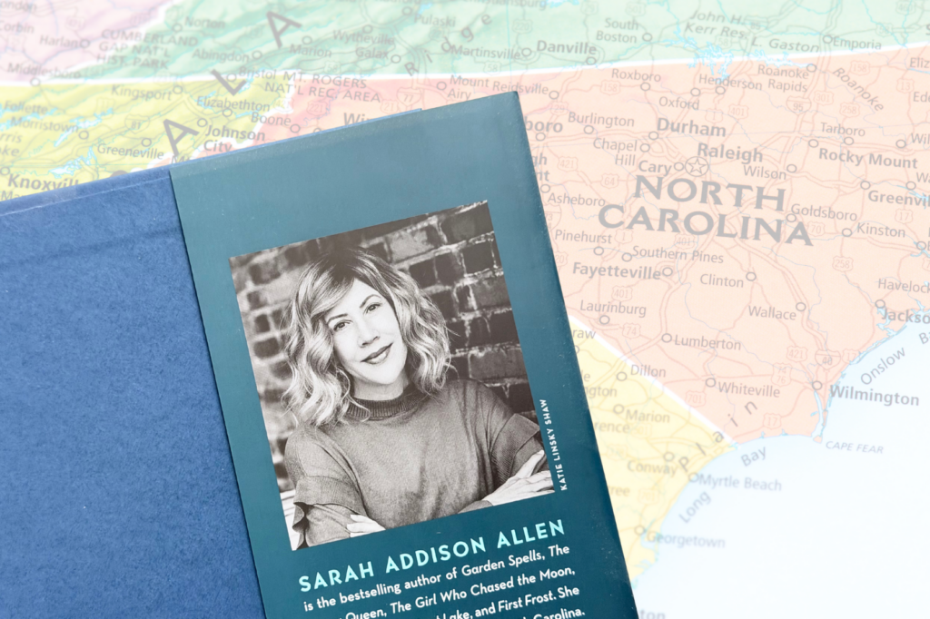Author photo of Sarah Addison Allen from inside back cover with North Carolina map