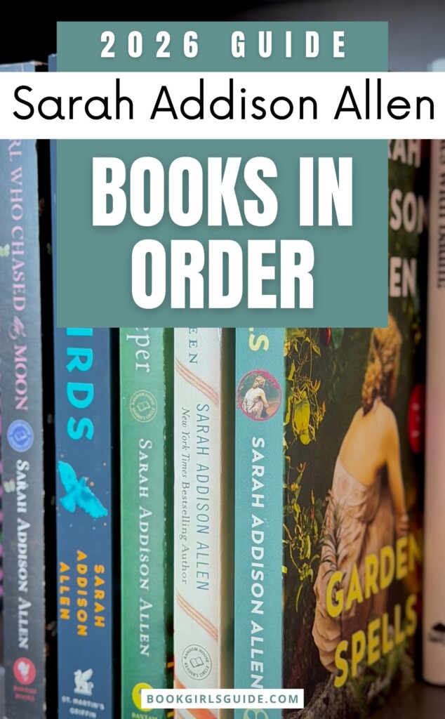 Sarah Addison Allen books on shelf showing spines and Garden Spells
