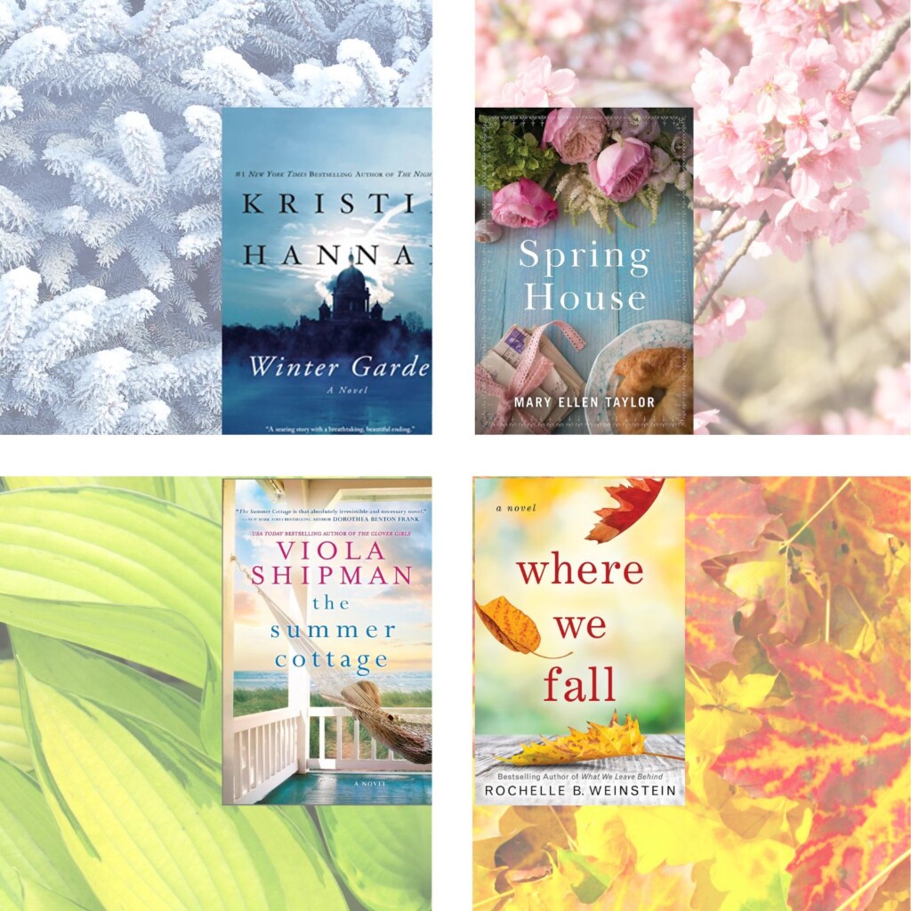 snowy branches, spring blossoms, summer greenery, and fall leaves in each corner with a book cover matching each
