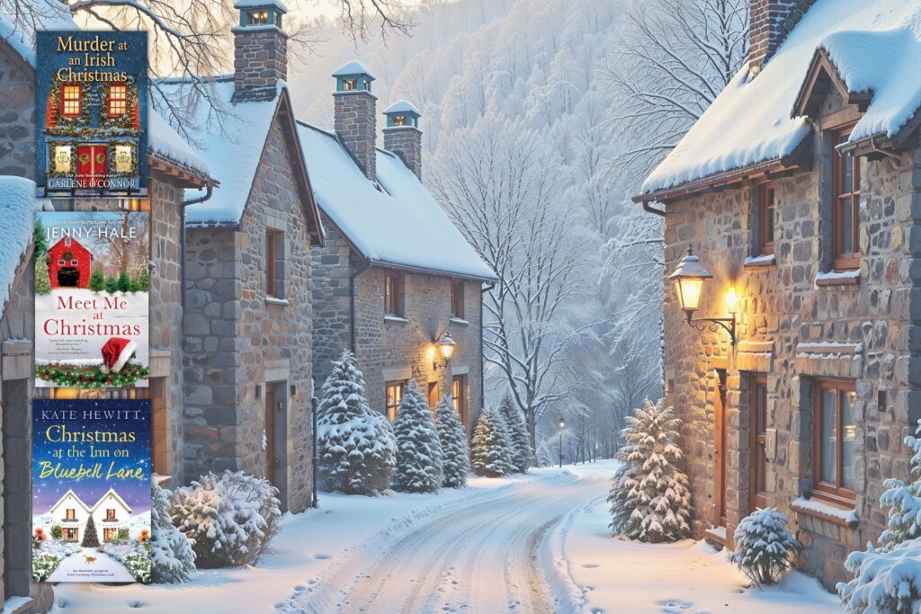 Small snowy village road with stone homes & 3 christmas books set in small towns