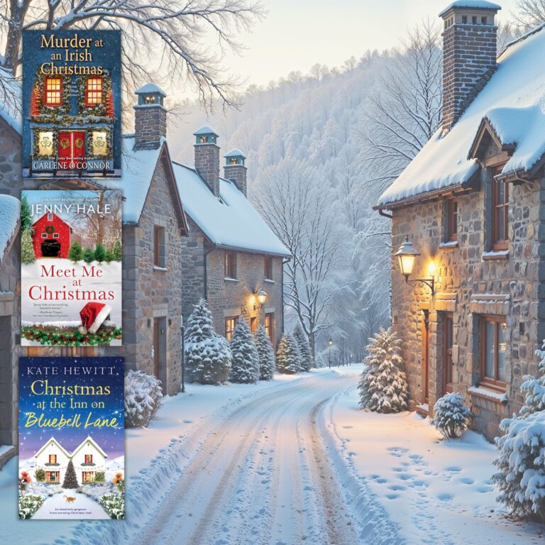 Small snowy village road with stone homes & 3 christmas books set in small towns