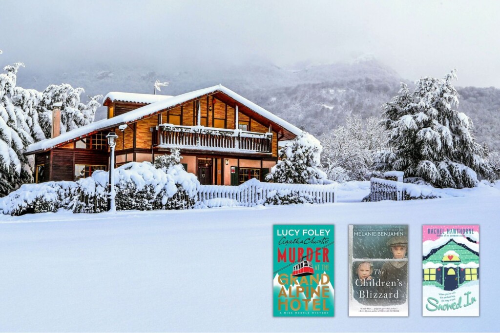 Lodge style home surrounded by snow & 3 snowed in book covers