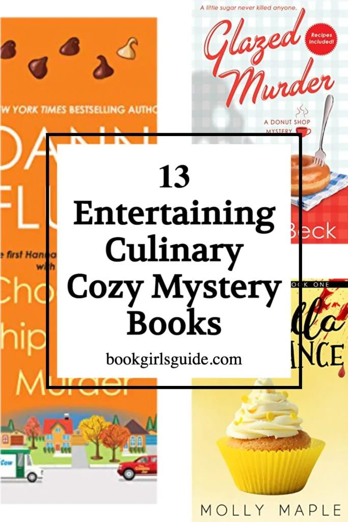 Black text in white box reading "13 Entertaining Culinary Cozy Mystery Books"