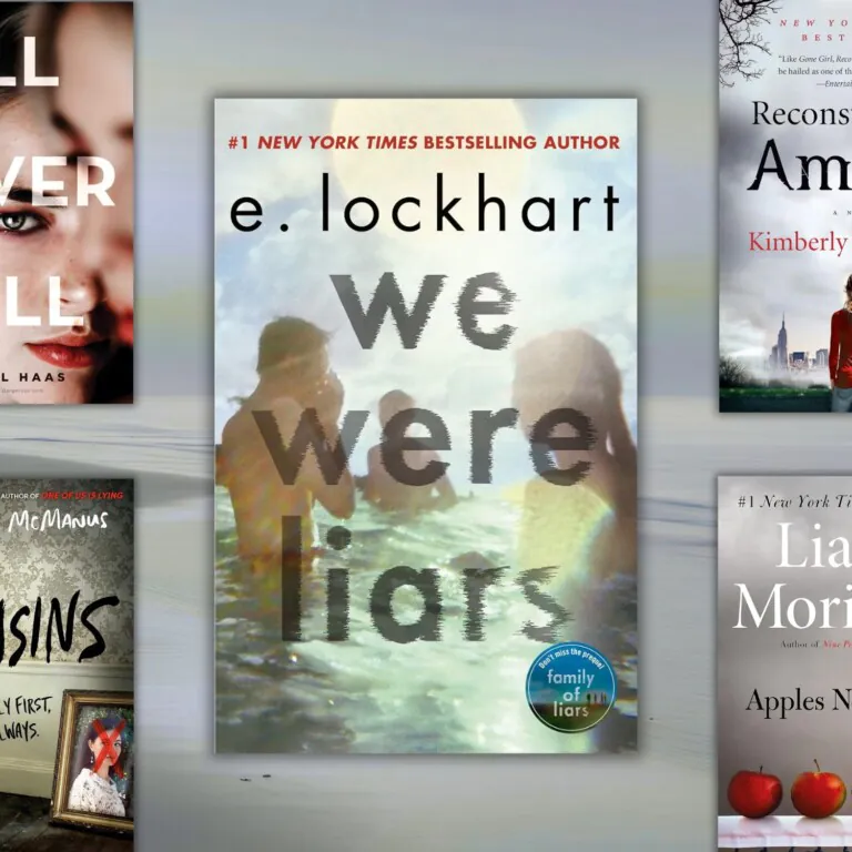 Cold beach photo in the background overlaid with the cover of We Were Liars in the middle and four other partial book covers around the edges