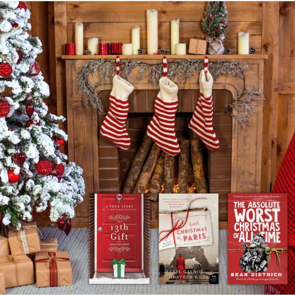 Rustic Wood wall & fireplace with christmas stockings and tree