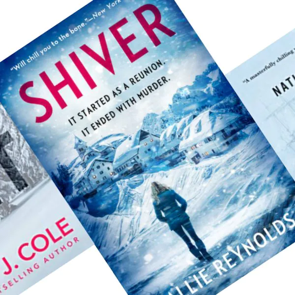 Three snowy blue slanted book covers