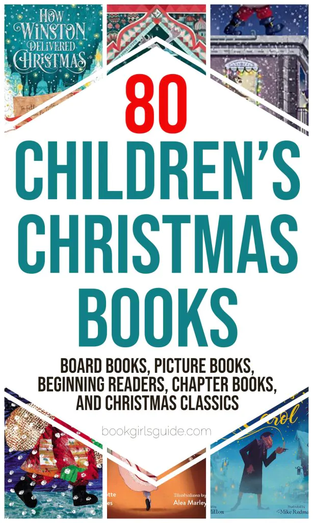 6 kid's Christmas book covers with a large white diamond overlay and text that reads 80 Children's Christmas Books