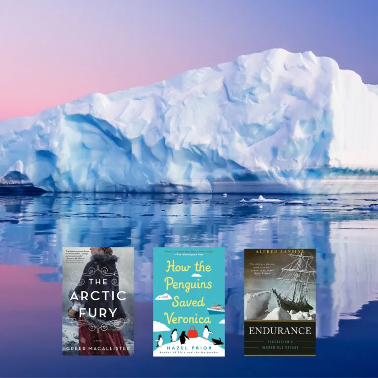 iceberg photo with three book covers on top