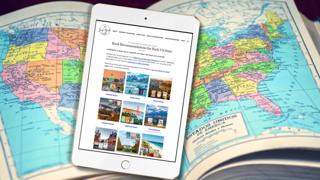 An iPad sitting on an open US atlas with the Book Girls' Guide website on the iPad displaying the 50 state book index page