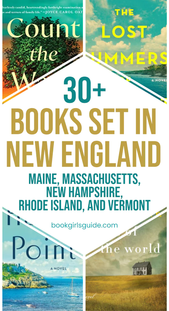 White diamond covering 4 book covers reading "30+ books Set in New England"