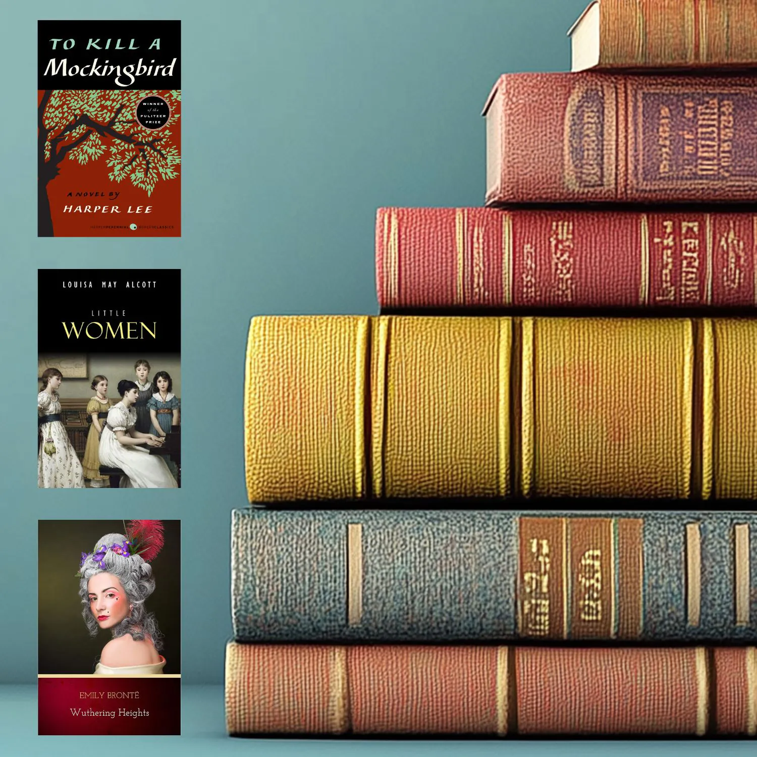 stack of vintage books on the right with book covers of three must-read classic books on the left side of the image