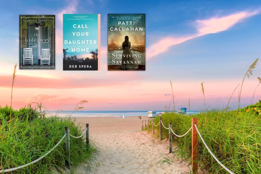Photo of the southeast coastline of the United States overlaid with three book covers of books set in the southeast states.