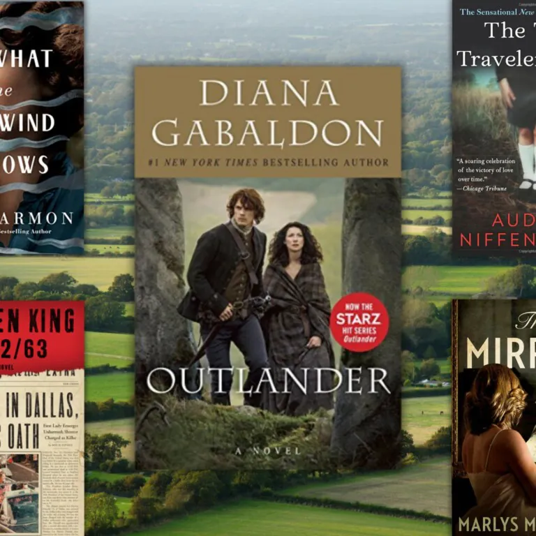 green countryside photo in the background behind the book cover of Outlander with four other book covers around the edges