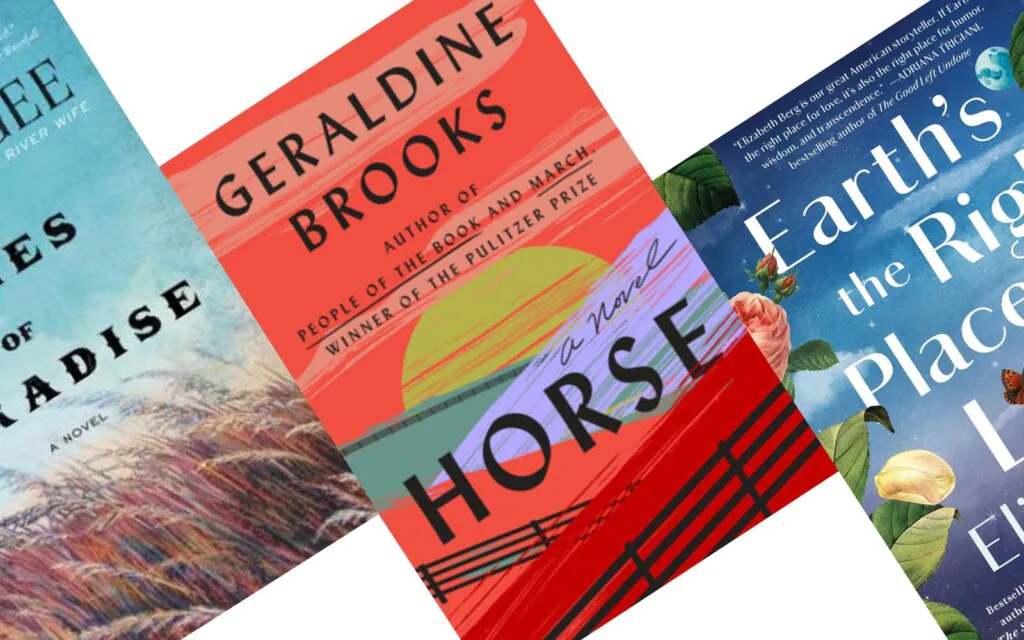 Three angled book covers with Horse by Geraldine Brooks in the middle