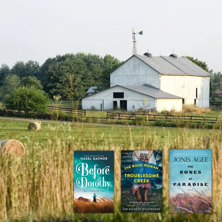 Photo fo a white barn and a farm field overlaid with the covers of three books set in America's heartland