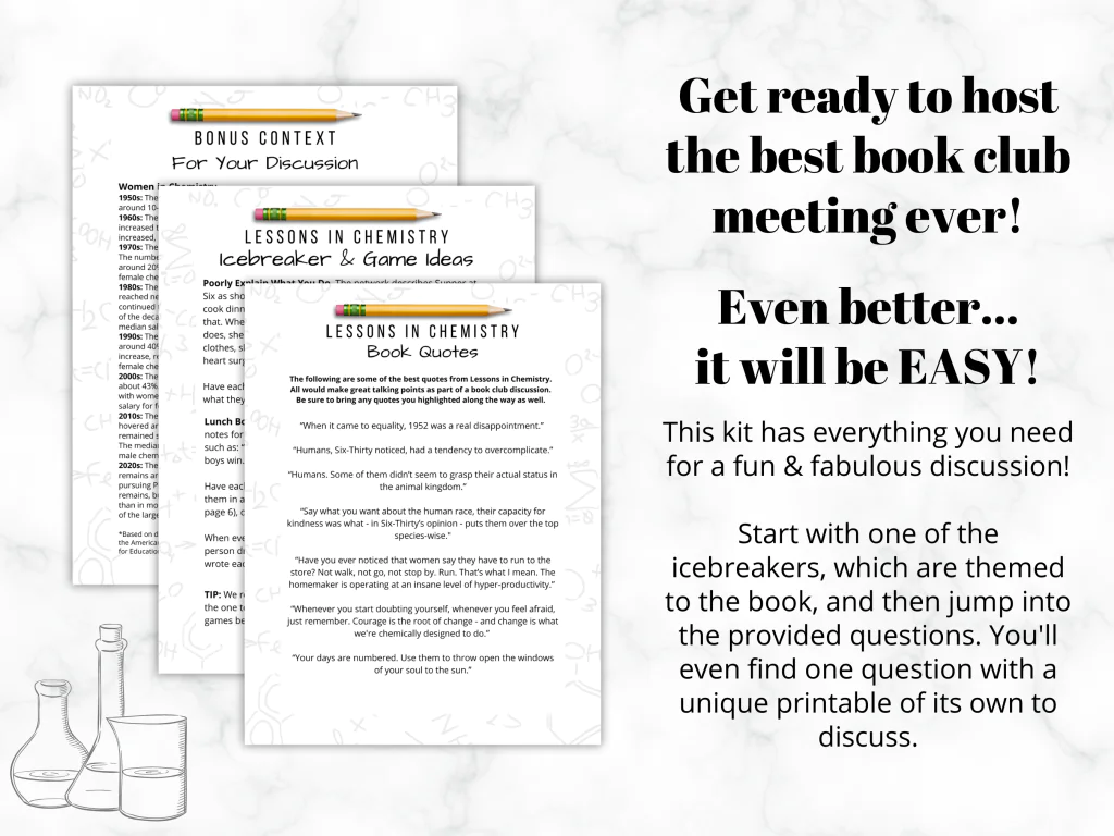 Three sample pages from the Lessons in Chemistry Printable Book Club Guide on the left with text describing the guide on the right.