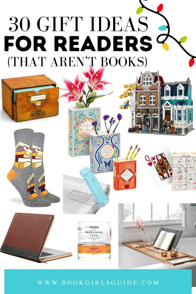 Small images of 9 different gift ideas in a gift guide style pinable image with text that reads Gift Ideas for readers that aren't books