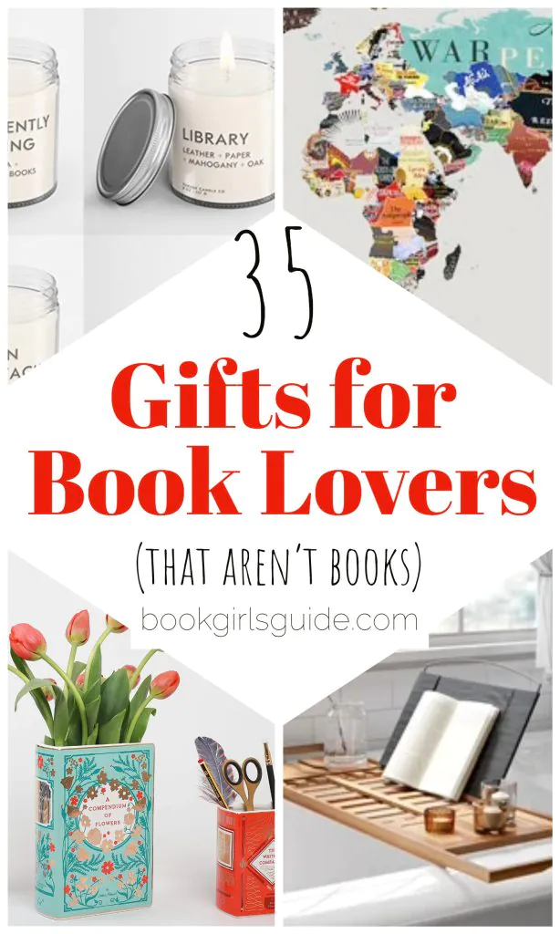 Each corner has a picture of a different gift idea including candles, art, vase, and bathtub tray with red text in the middle that say Gifts for Book Lovers