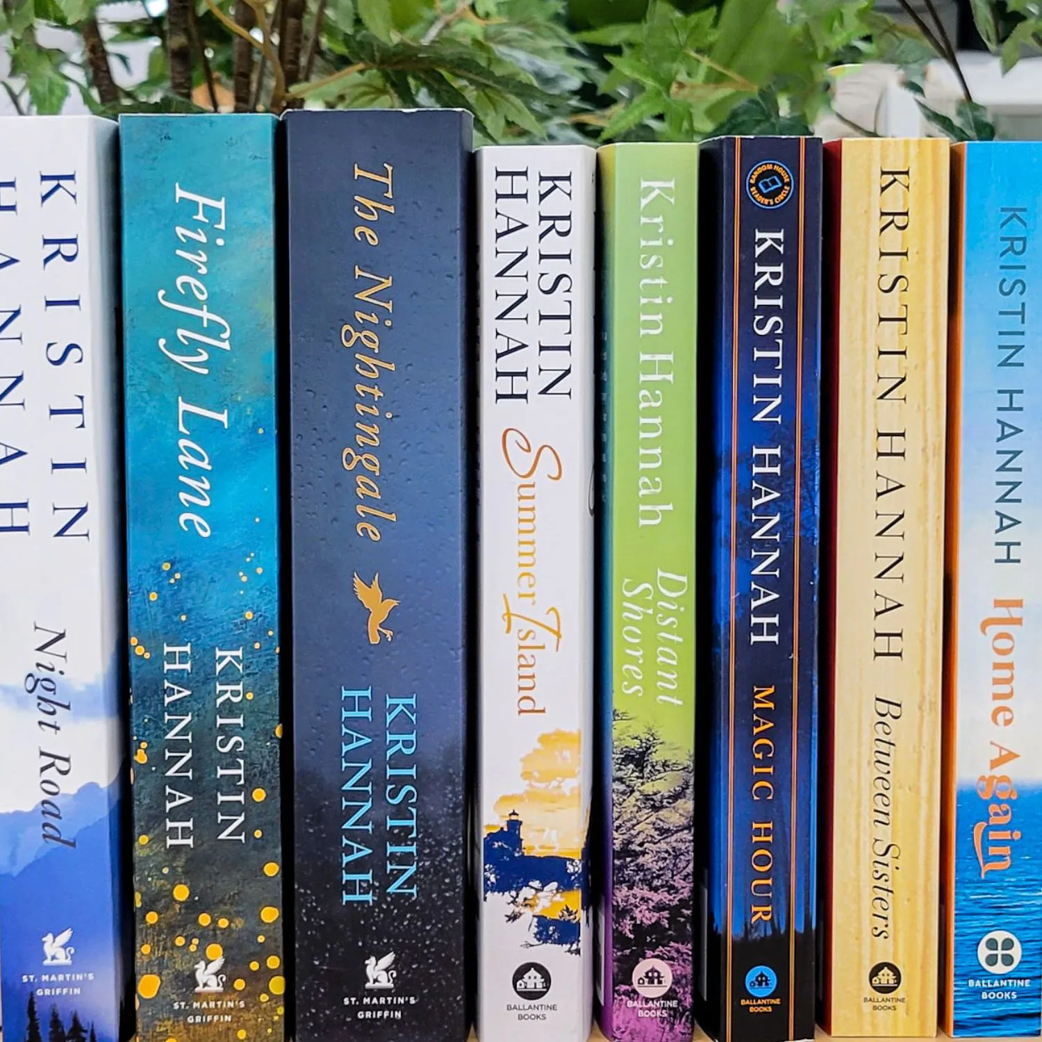 8 kristin hannah book spines on shelf