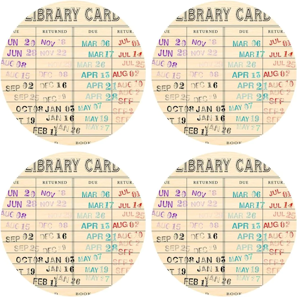 Round coasters covered in library card due date stamps