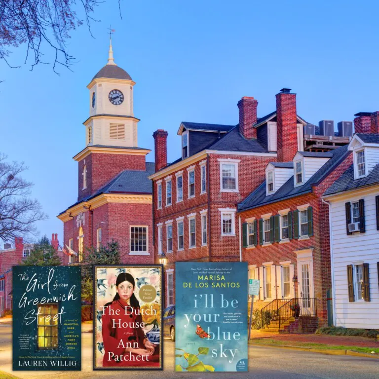 Photo of Dover, Delaware, overlaid with the covers of three books set in the Northeast