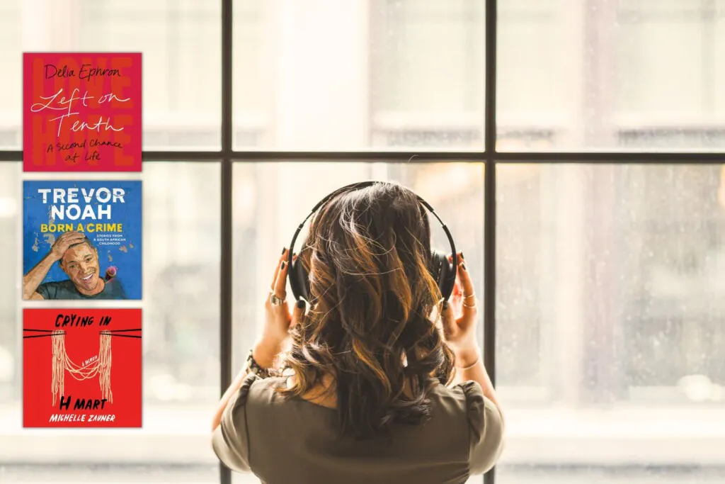 Woman wearing headphones looking out window from behind with 3 book covers