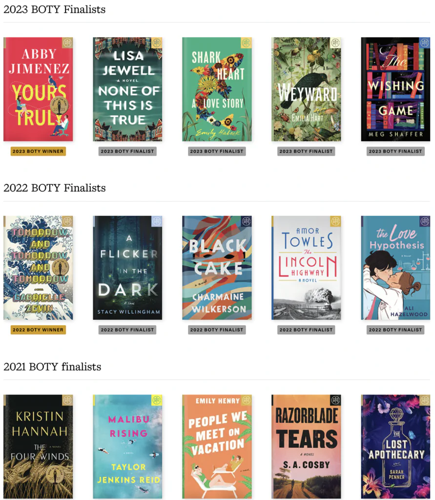 Image showing 12 books - finalist from 2021-2023 for book of the year by book of the month