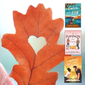 Orange leaf with a heart shape in the middle and three book covers of fall romance books