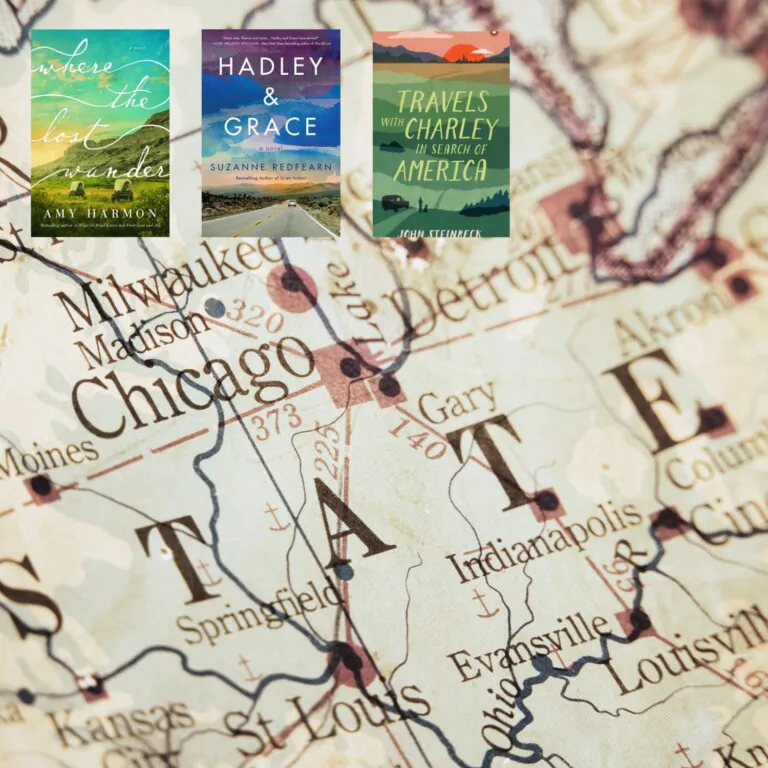 Sepia-toned map of the US with the cover of three books about traveling across America in the top left corner