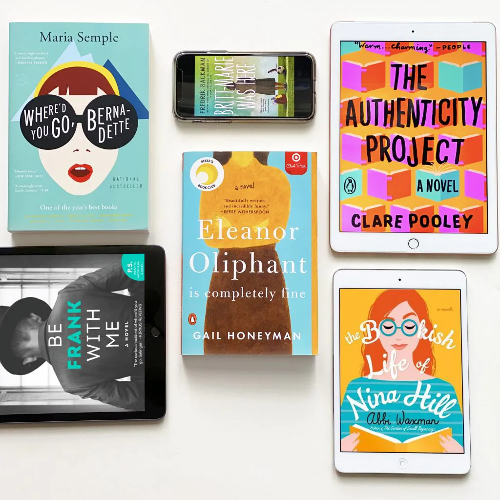 Photo of books in hardback, Kindle, and audiobook form shown from above to representing Books Like Eleanor Oliphant is Completely Fine (which is in the middle)