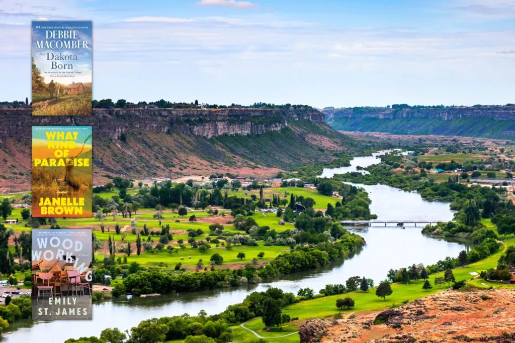Photo of a river winding through Idaho overlaid with covers of three books set in the Northern Plains & Northern Mountain States