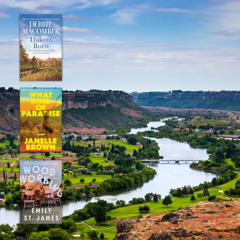 Photo of a river in Idaho overlaied with three covers of books set in the North West regions