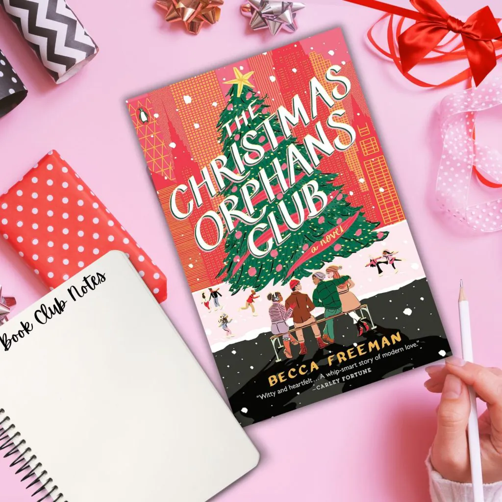 The Christmas Orphan's Club Book Cover with Book Club Notes paper and pink background