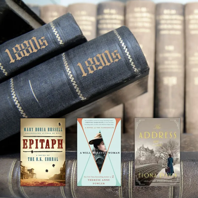 Stack of old books in the background with three historical fiction book covers in the front