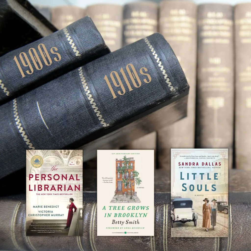 Stack of old books in the background with three historical fiction book covers in the front